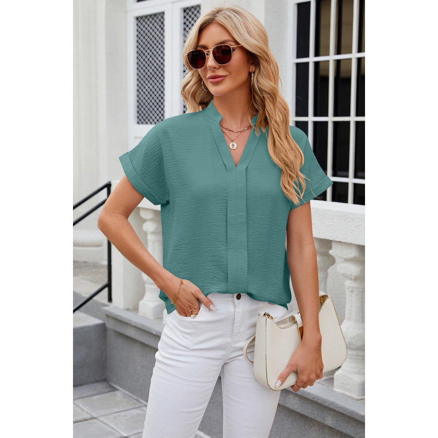 Notched Short Sleeve Blouse Apparel and Accessories