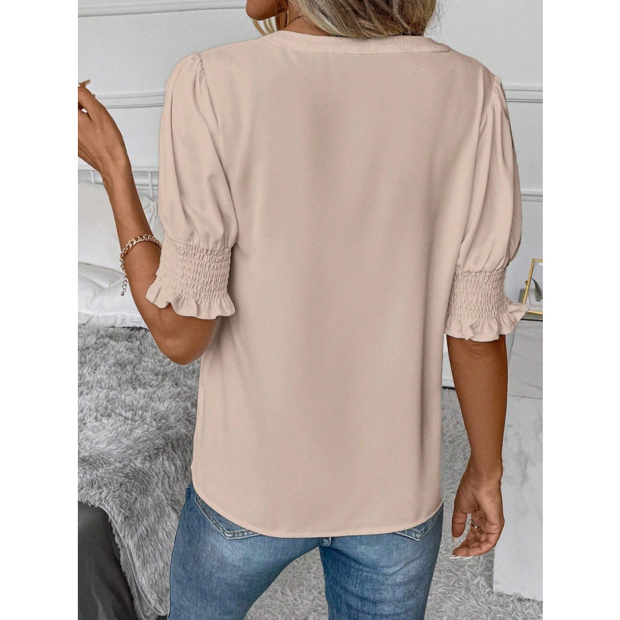 Notched Short Sleeve Blouse Apparel and Accessories