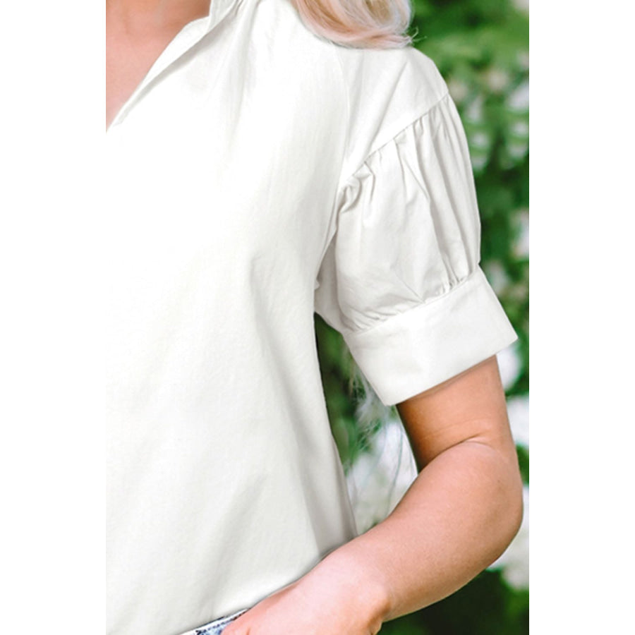 Notched Short Sleeve Blouse Apparel and Accessories