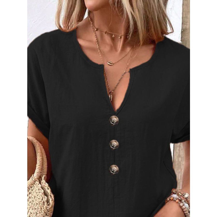 Notched Short Sleeve Blouse Apparel and Accessories