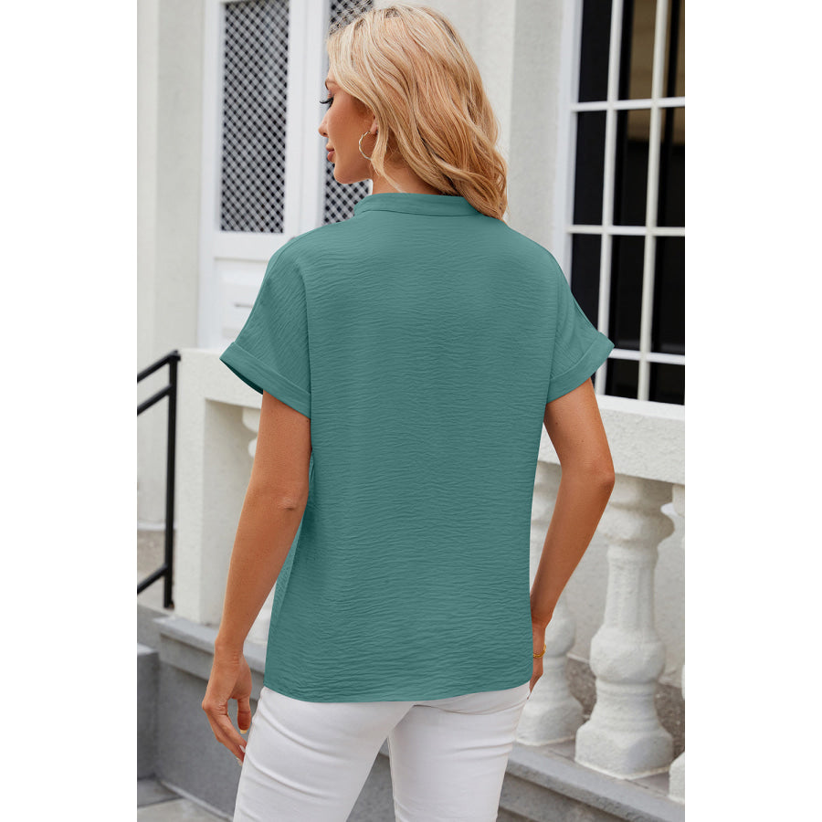 Notched Short Sleeve Blouse Apparel and Accessories