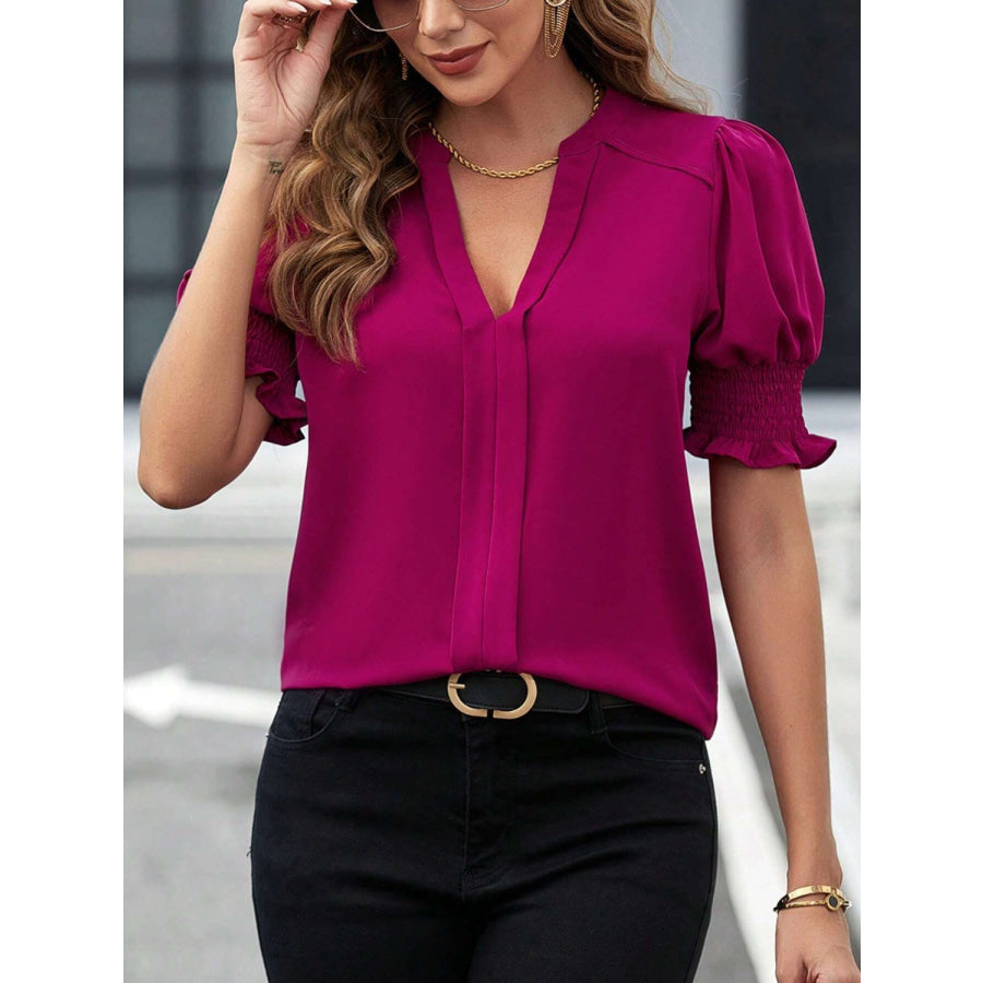 Notched Short Sleeve Blouse Apparel and Accessories