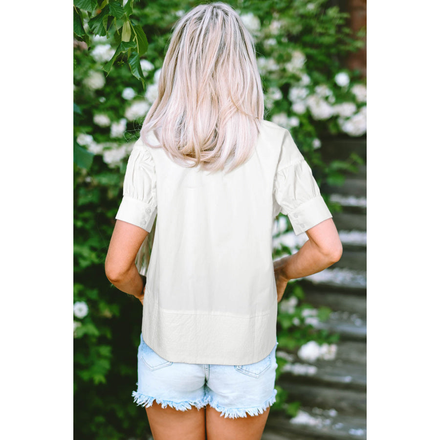 Notched Short Sleeve Blouse Apparel and Accessories