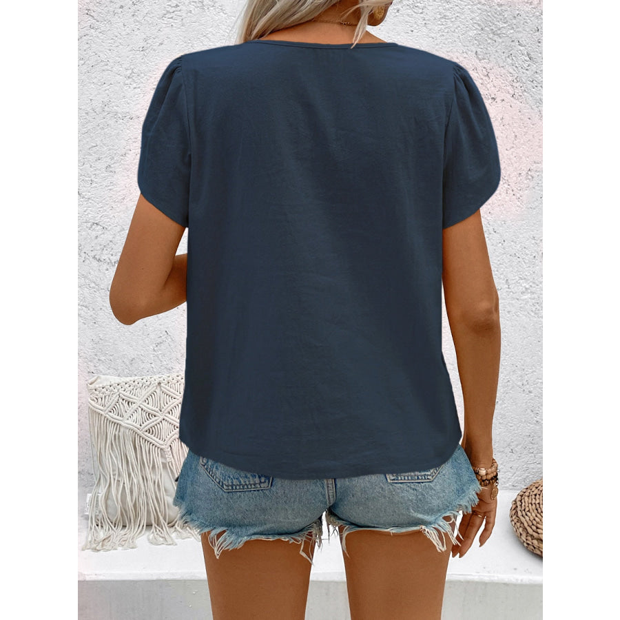 Notched Short Sleeve Blouse Apparel and Accessories