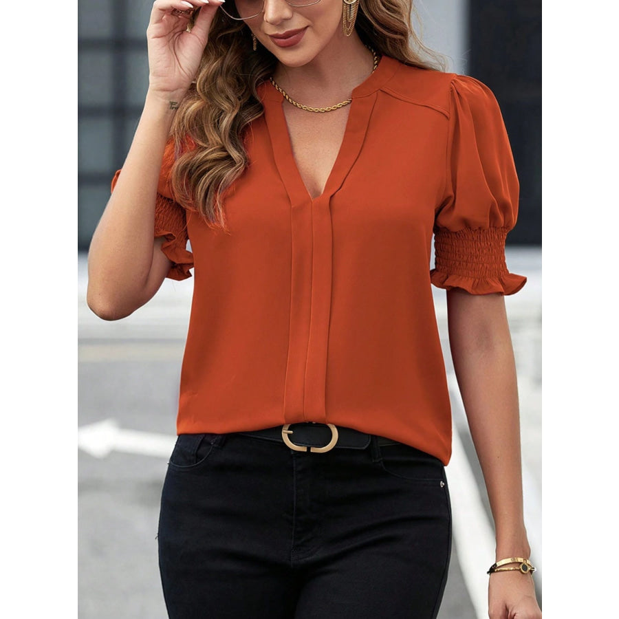 Notched Short Sleeve Blouse Apparel and Accessories