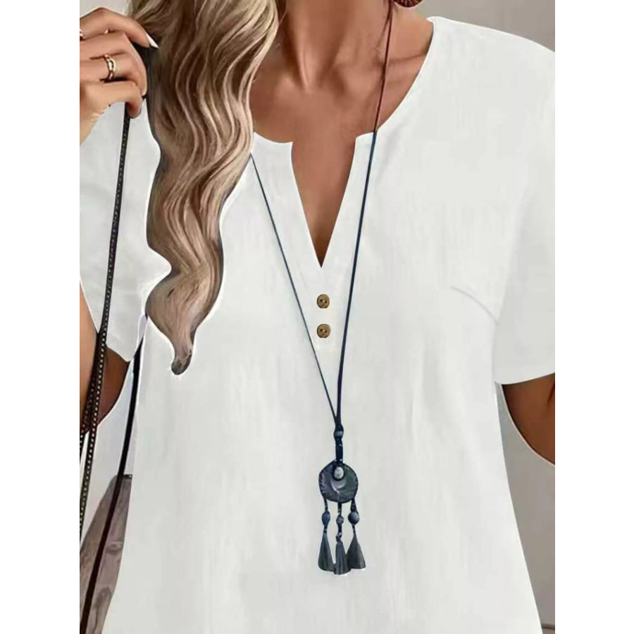 Notched Short Sleeve Blouse Apparel and Accessories