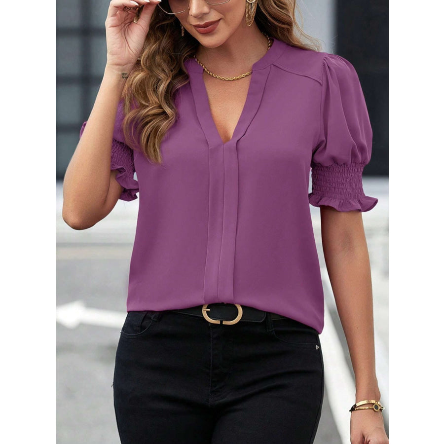 Notched Short Sleeve Blouse Apparel and Accessories