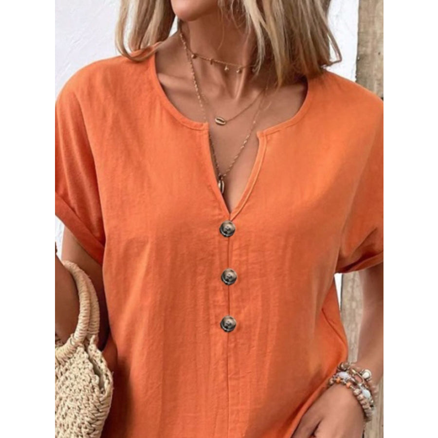Notched Short Sleeve Blouse Apparel and Accessories