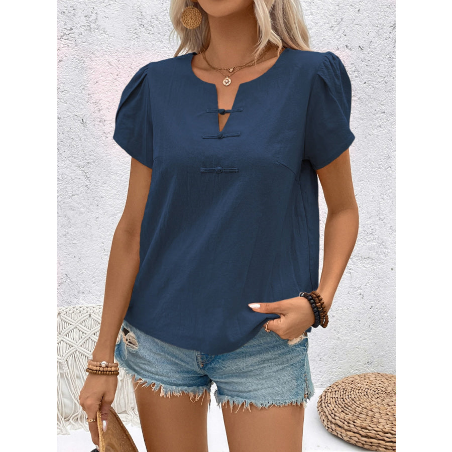 Notched Short Sleeve Blouse Apparel and Accessories