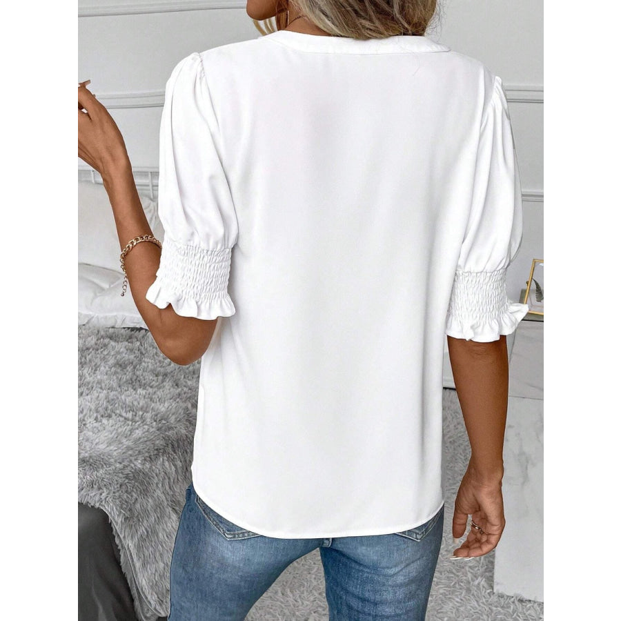 Notched Short Sleeve Blouse Apparel and Accessories