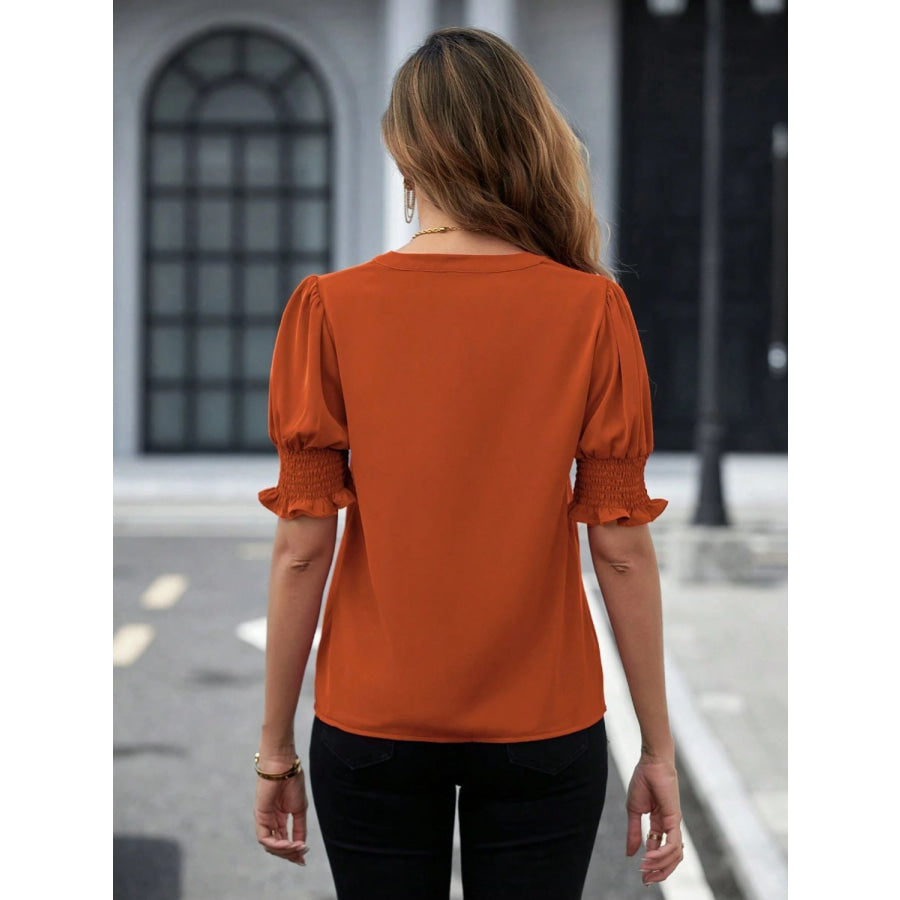 Notched Short Sleeve Blouse Apparel and Accessories