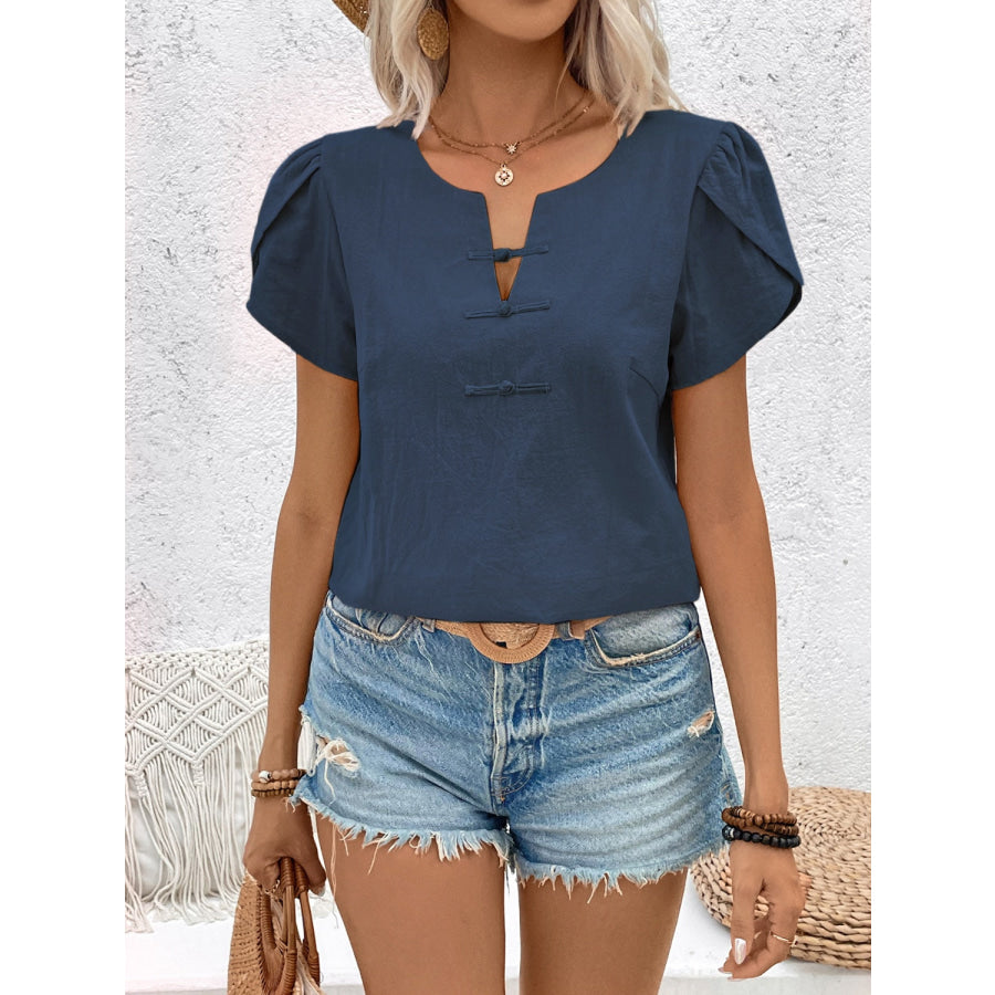 Notched Short Sleeve Blouse Apparel and Accessories