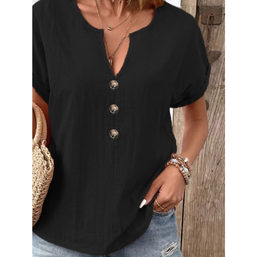 Notched Short Sleeve Blouse Apparel and Accessories