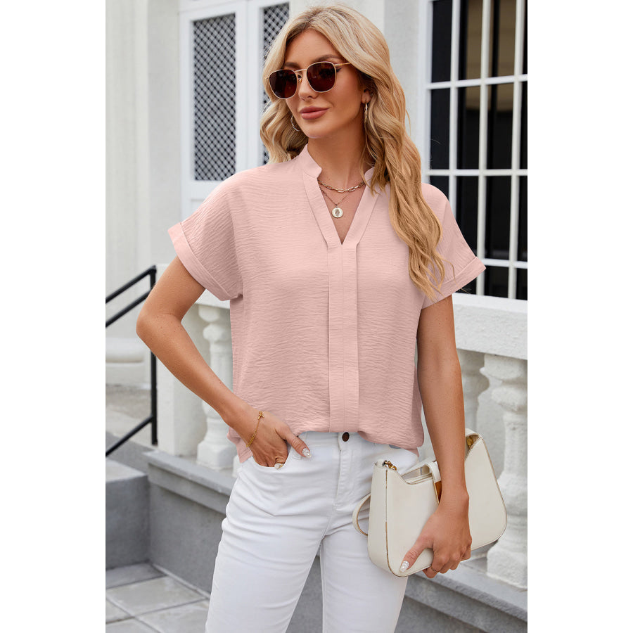 Notched Short Sleeve Blouse Apparel and Accessories