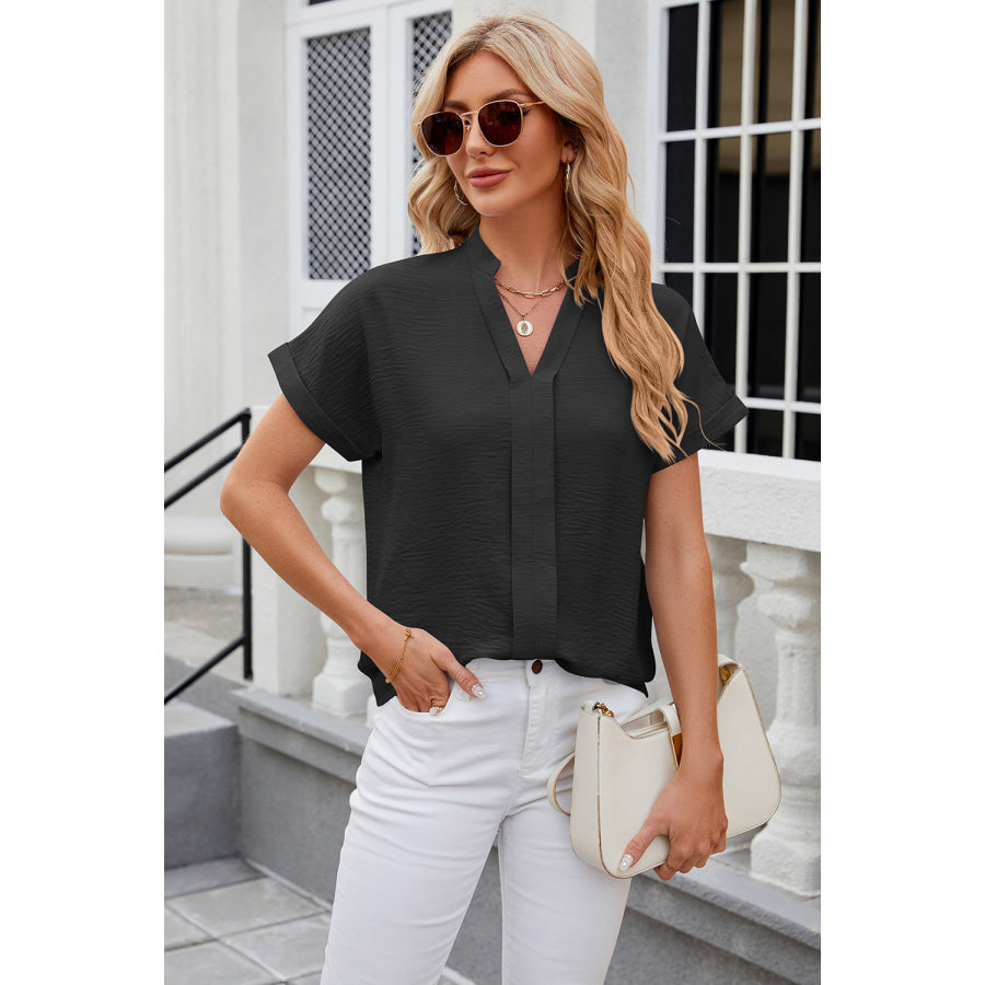 Notched Short Sleeve Blouse Apparel and Accessories