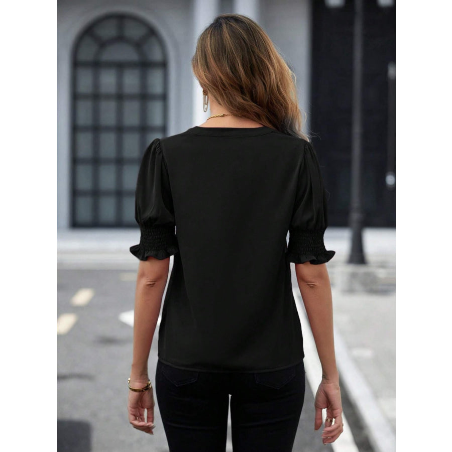 Notched Short Sleeve Blouse Apparel and Accessories