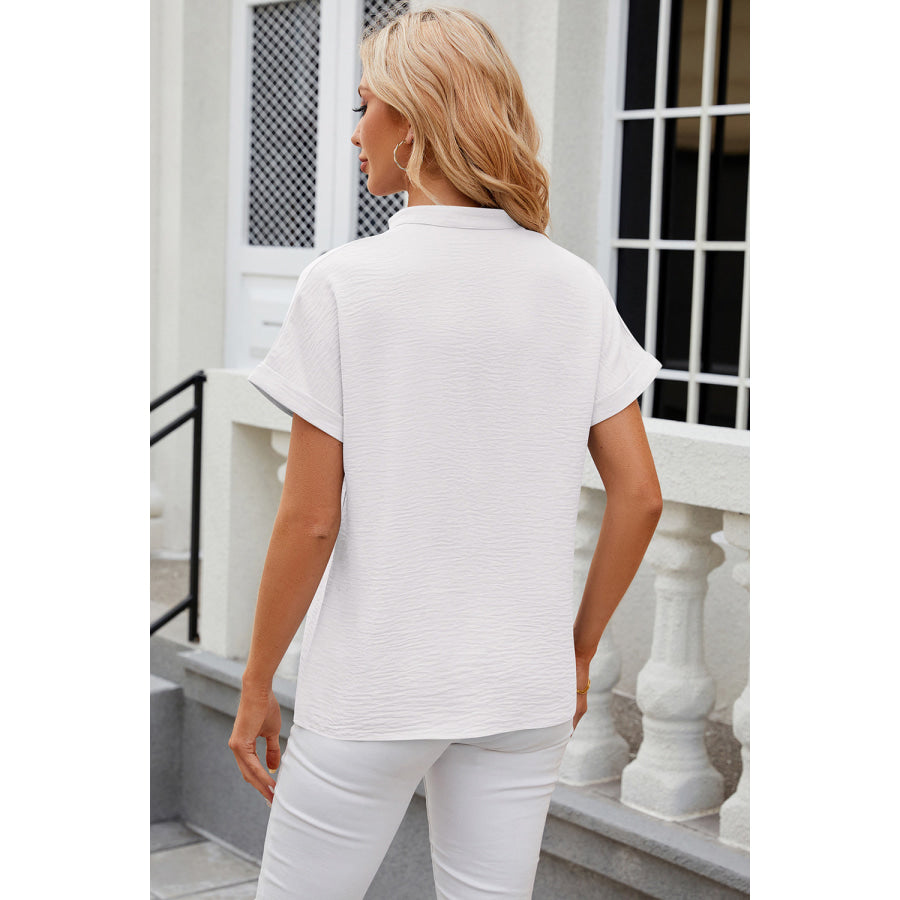 Notched Short Sleeve Blouse Apparel and Accessories