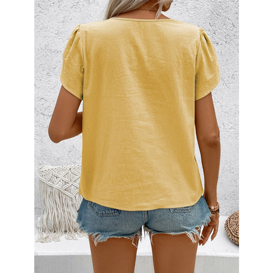 Notched Short Sleeve Blouse Apparel and Accessories