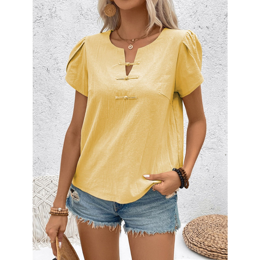 Notched Short Sleeve Blouse Apparel and Accessories