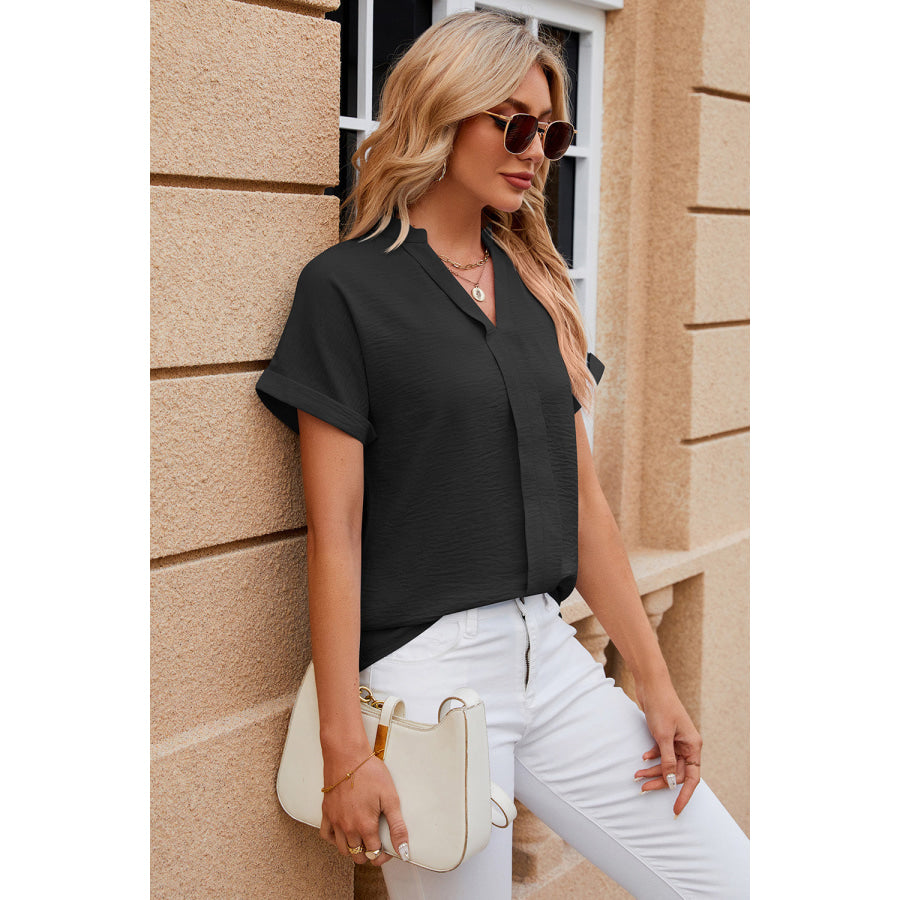 Notched Short Sleeve Blouse Apparel and Accessories