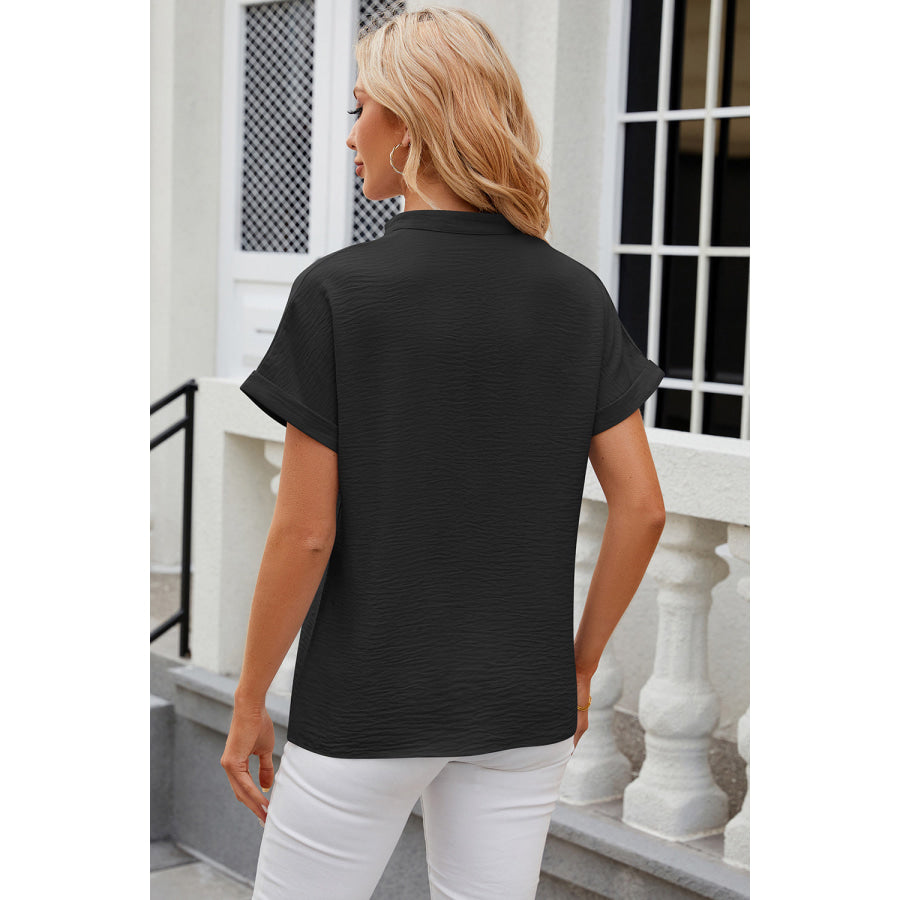 Notched Short Sleeve Blouse Apparel and Accessories