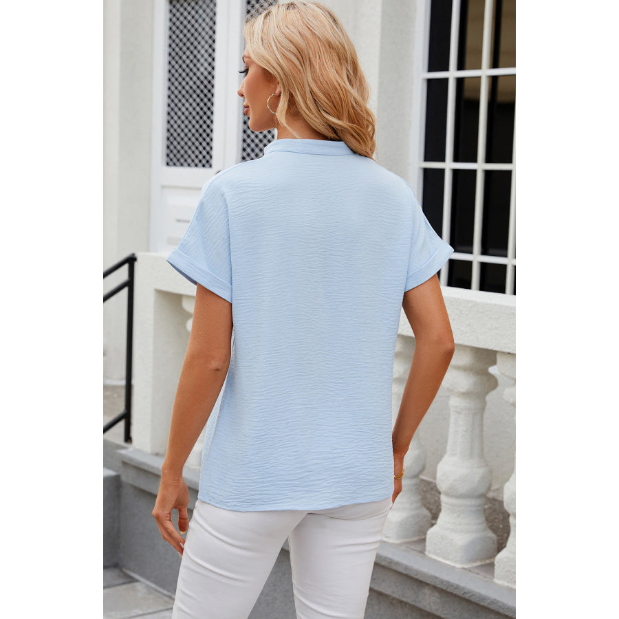 Notched Short Sleeve Blouse Apparel and Accessories