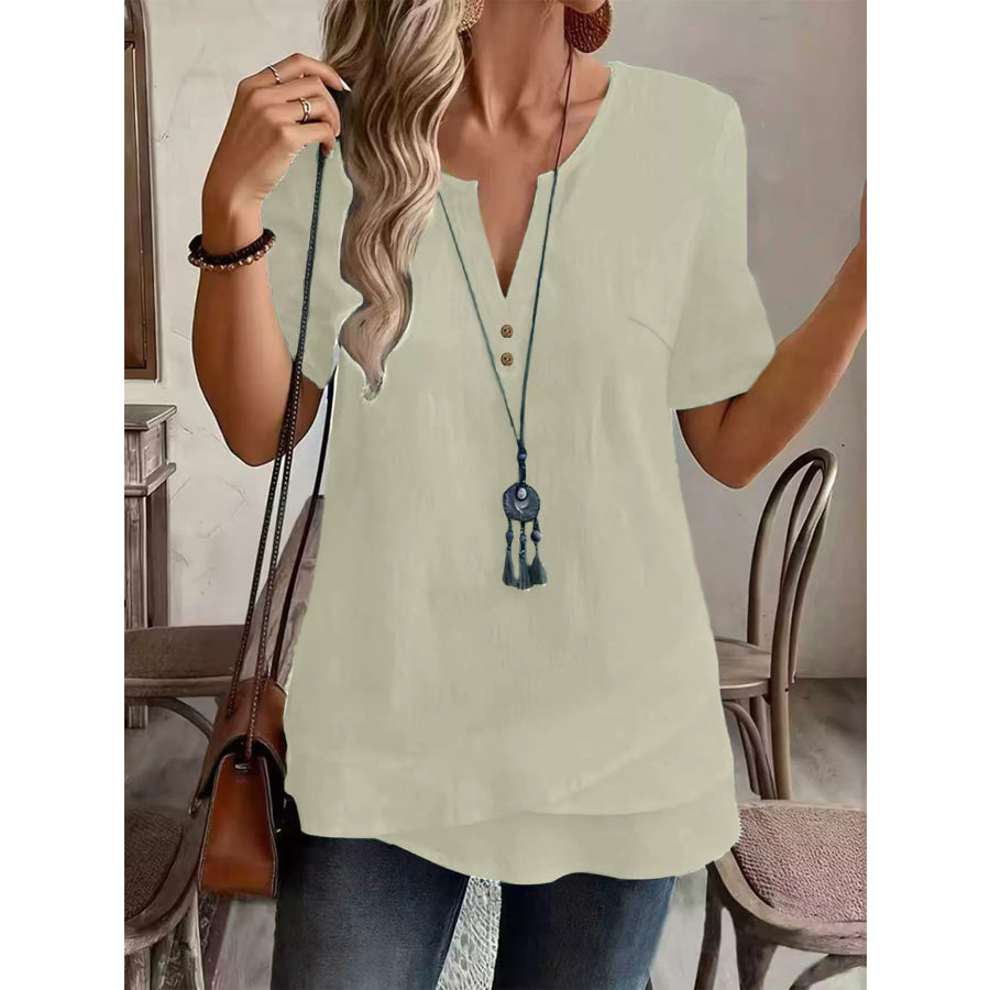 Notched Short Sleeve Blouse Apricot / S Apparel and Accessories