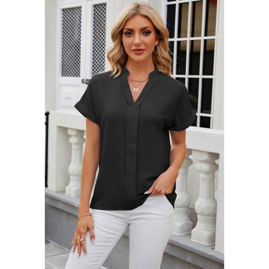 Notched Short Sleeve Blouse Black / S Apparel and Accessories