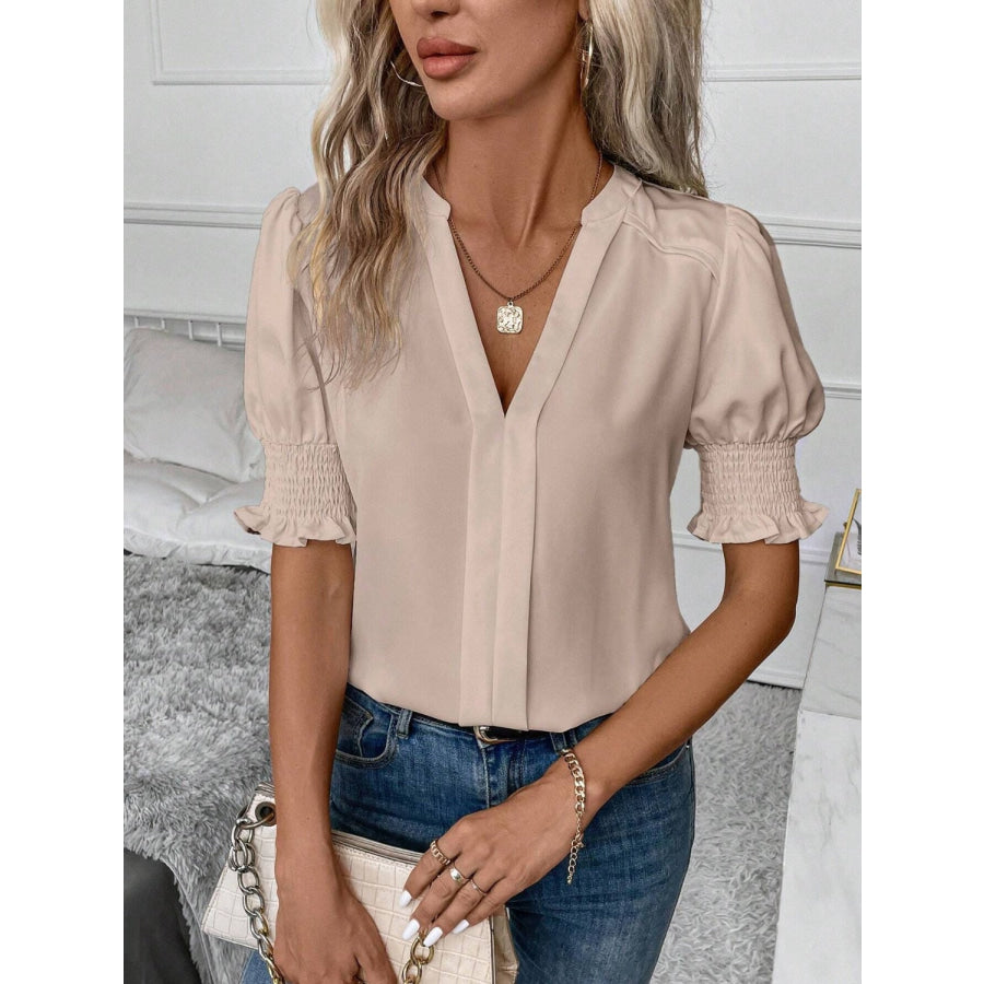 Notched Short Sleeve Blouse Dust Storm / S Apparel and Accessories