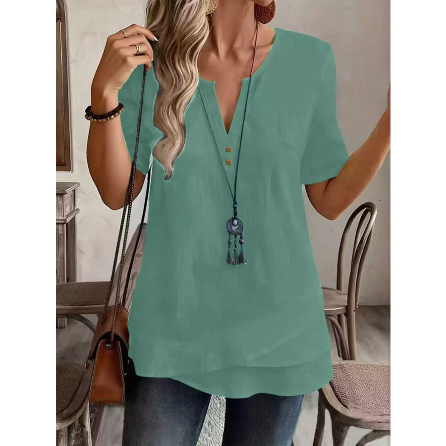 Notched Short Sleeve Blouse Emerald Green / S Apparel and Accessories