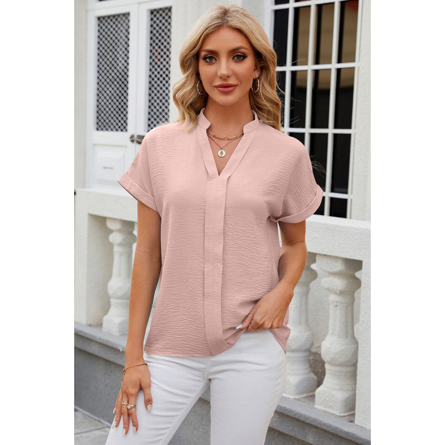 Notched Short Sleeve Blouse Peach / S Apparel and Accessories