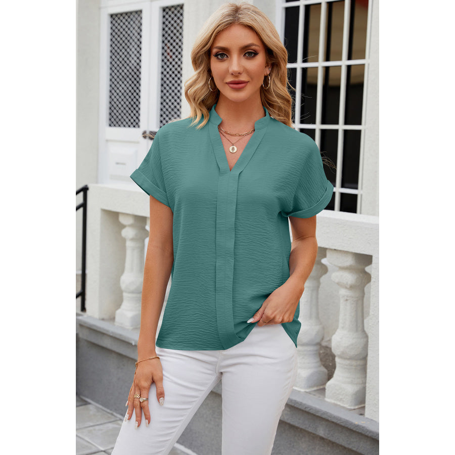 Notched Short Sleeve Blouse Teal / S Apparel and Accessories