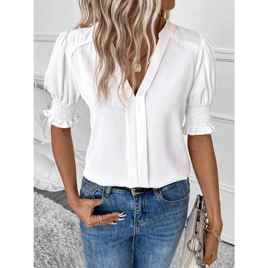 Notched Short Sleeve Blouse White / S Apparel and Accessories