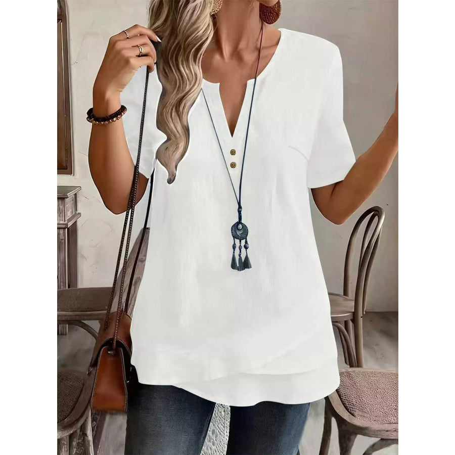 Notched Short Sleeve Blouse White / S Apparel and Accessories