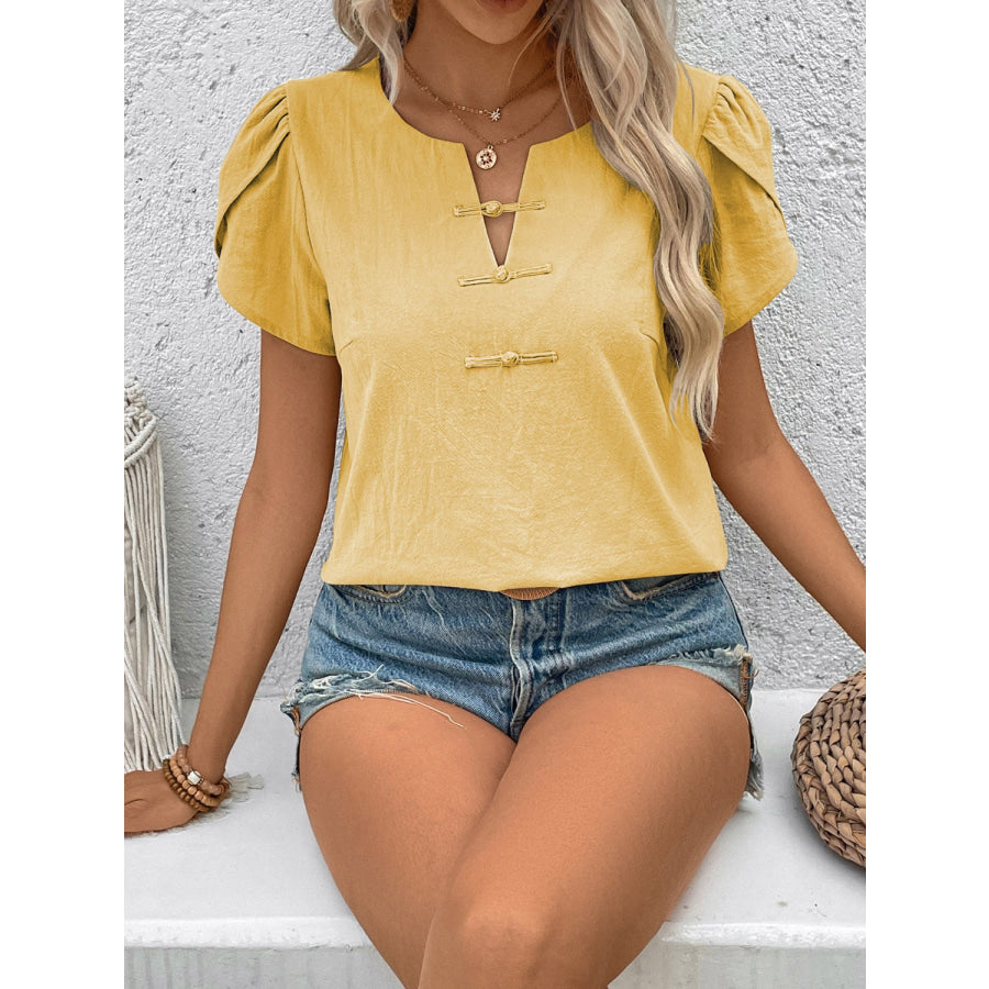 Notched Short Sleeve Blouse Yellow / S Apparel and Accessories