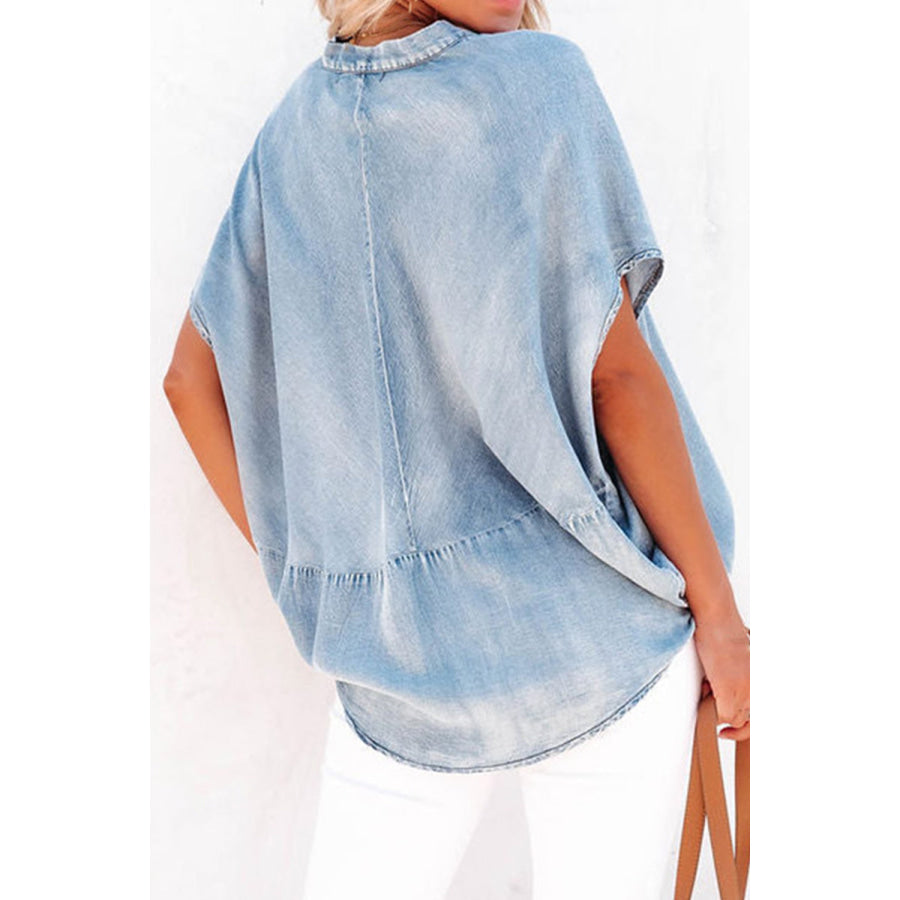 Notched Short Sleeve Denim Top Apparel and Accessories