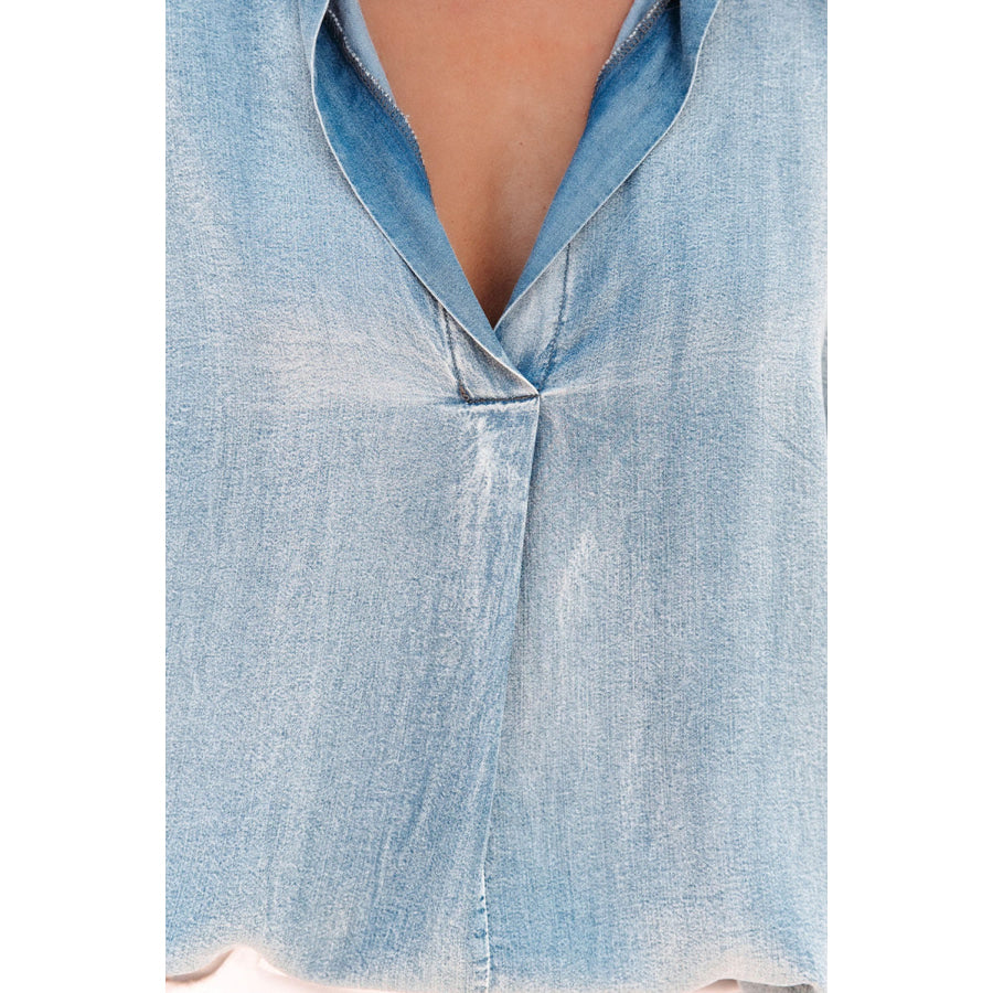 Notched Short Sleeve Denim Top Apparel and Accessories