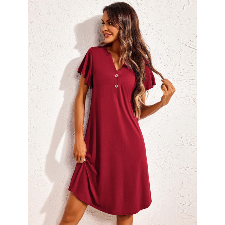 Notched Short Sleeve Lounge Dress Burgundy / S Apparel and Accessories