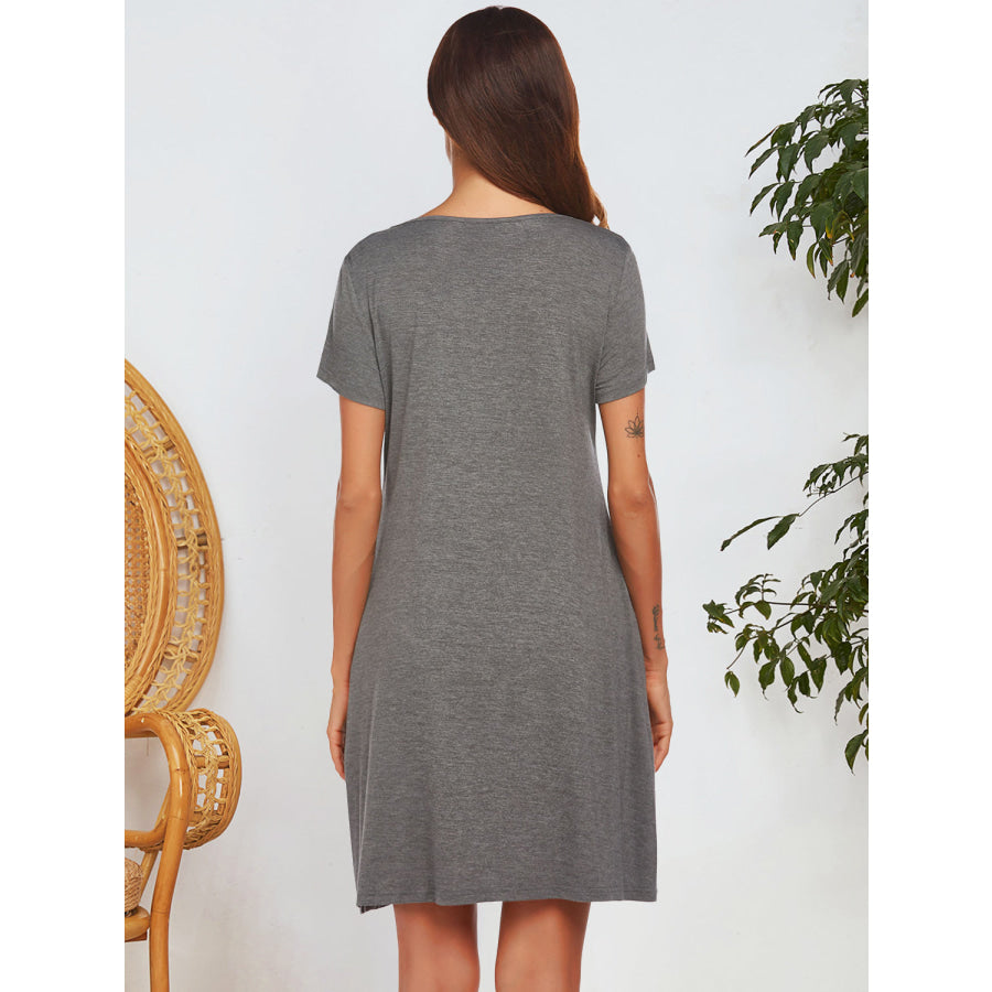 Notched Short Sleeve Mini Lounge Dress Apparel and Accessories