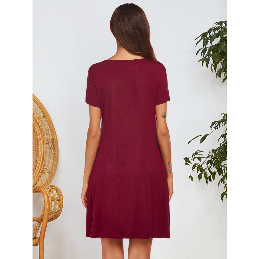 Notched Short Sleeve Mini Lounge Dress Apparel and Accessories