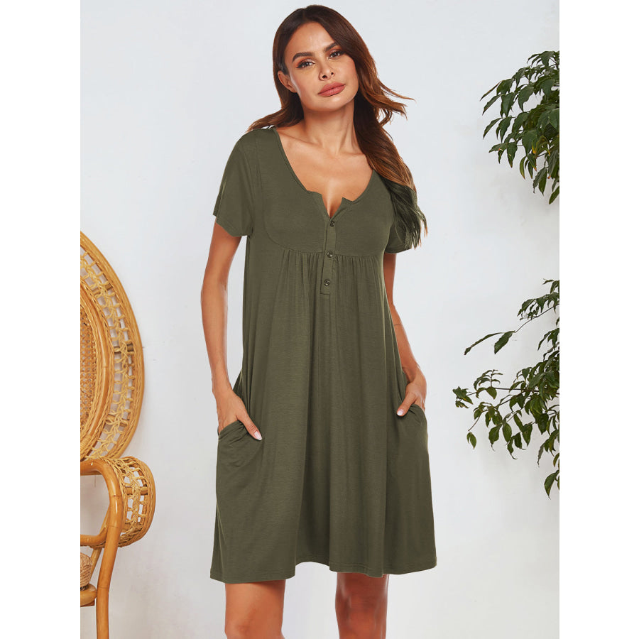 Notched Short Sleeve Mini Lounge Dress Apparel and Accessories