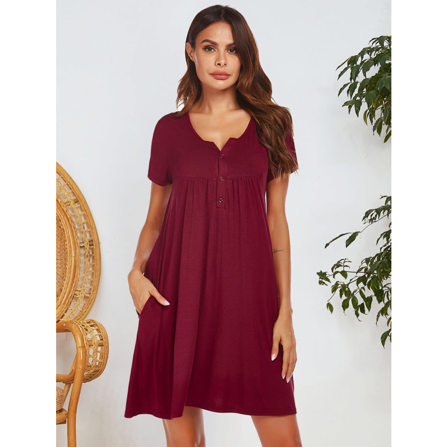 Notched Short Sleeve Mini Lounge Dress Apparel and Accessories