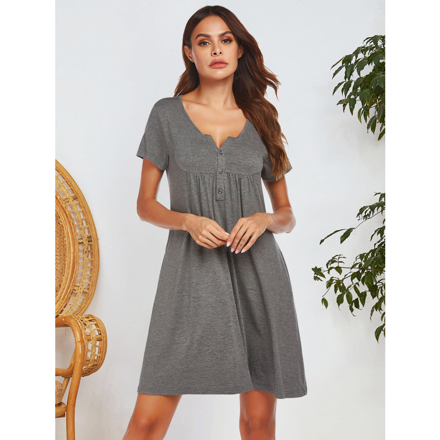 Notched Short Sleeve Mini Lounge Dress Apparel and Accessories