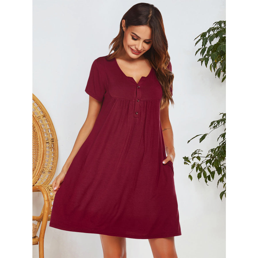 Notched Short Sleeve Mini Lounge Dress Apparel and Accessories