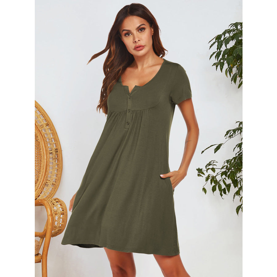 Notched Short Sleeve Mini Lounge Dress Apparel and Accessories