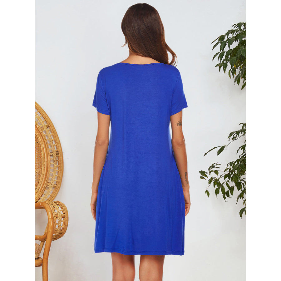 Notched Short Sleeve Mini Lounge Dress Apparel and Accessories