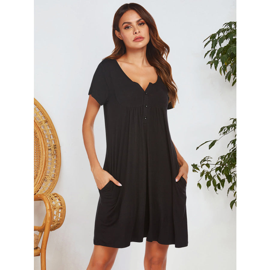 Notched Short Sleeve Mini Lounge Dress Apparel and Accessories