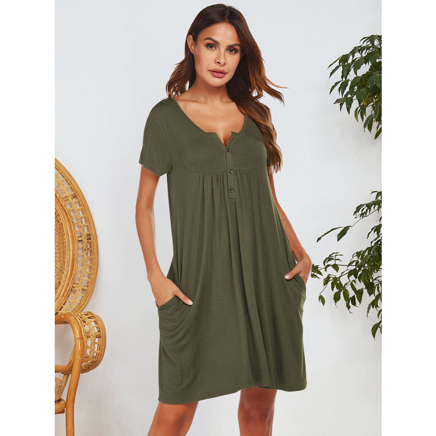 Notched Short Sleeve Mini Lounge Dress Army Green / S Apparel and Accessories