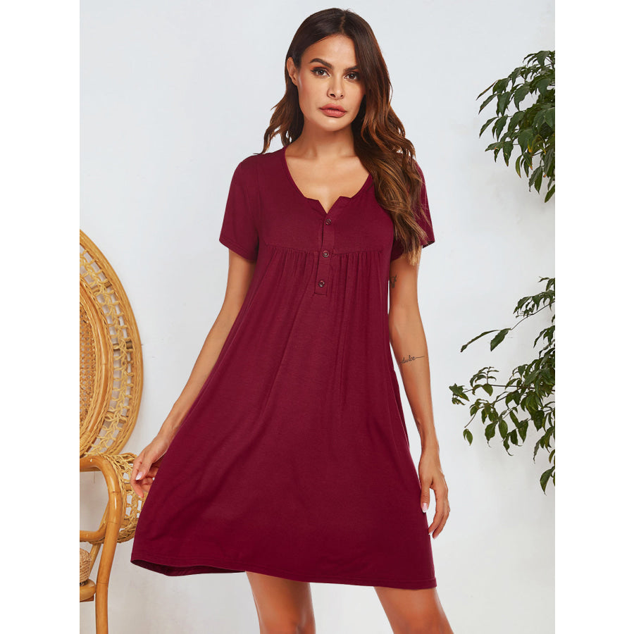 Notched Short Sleeve Mini Lounge Dress Burgundy / S Apparel and Accessories