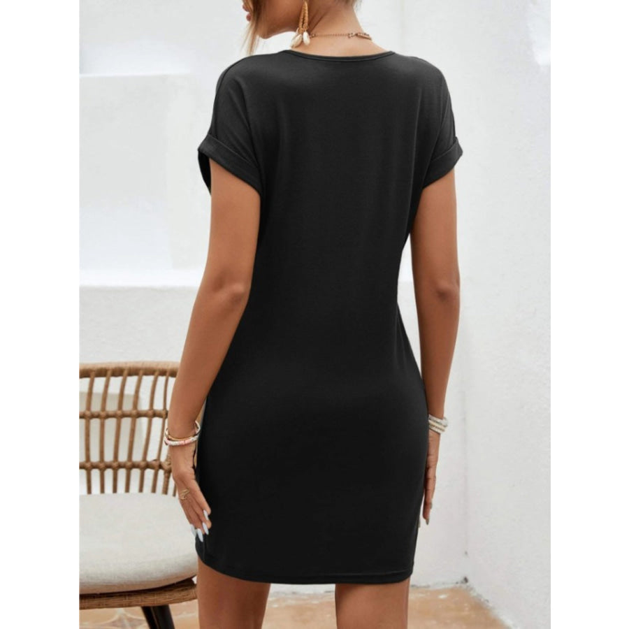 Notched Short Sleeve Mini Tee Dress Black / S Apparel and Accessories